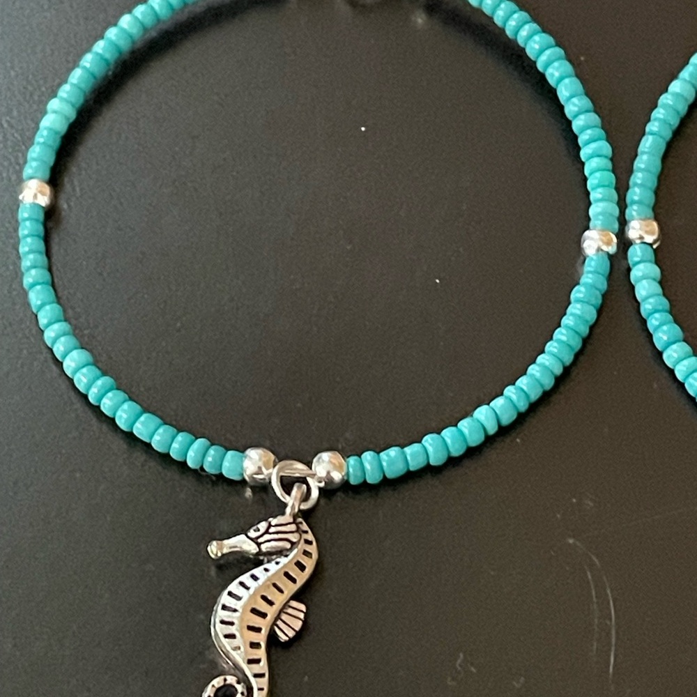 Turquoise Beaded Earrings with Seahorse Charm - Picture 3 of 5